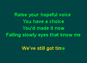 Raise your hopeful voice
You have a choice
You'd made it now

Falling slowly eyes that know me

We've still got time