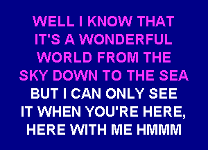 WELL I KNOW THAT
IT'S AWONDERFUL
WORLD FROM THE
SKY DOWN TO THE SEA
BUT I CAN ONLY SEE
IT WHEN YOU'RE HERE,
HERE WITH ME HMMM