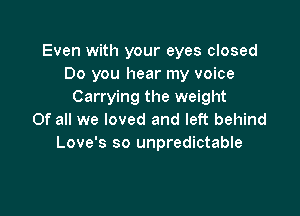 Even with your eyes closed
Do you hear my voice
Carrying the weight

Of all we loved and left behind
Love's so unpredictable