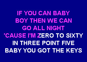 IF YOU CAN BABY
BOY THEN WE CAN
G0 ALL NIGHT
'CAUSE I'M ZERO T0 SIXTY
IN THREE POINT FIVE
BABY YOU GOT THE KEYS