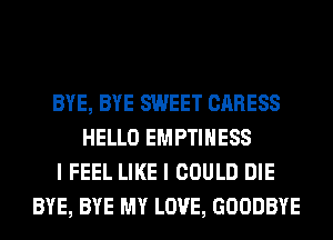 BYE, BYE SWEET CARESS
HELLO EMPTIHESS
I FEEL LIKE I COULD DIE
BYE, BYE MY LOVE, GOODBYE