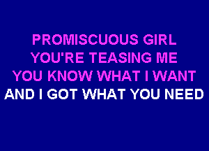 PROMISCUOUS GIRL
YOU'RE TEASING ME
YOU KNOW WHAT I WANT
AND I GOT WHAT YOU NEED