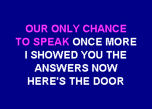 OUR ONLY CHANCE
TO SPEAK ONCE MORE
I SHOWED YOU THE
ANSWERS NOW
HERE'S THE DOOR