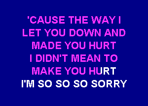 'CAUSE THE WAY I
LET YOU DOWN AND
MADE YOU HURT
I DIDN'T MEAN TO
MAKE YOU HURT
I'M SO SO SO SORRY