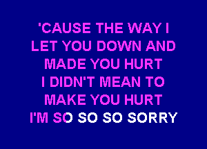 'CAUSE THE WAY I
LET YOU DOWN AND
MADE YOU HURT
I DIDN'T MEAN TO
MAKE YOU HURT
I'M SO SO SO SORRY