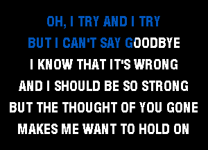 OH, I TRY MID I TRY
BUT I CAN'T SAY GOODBYE
I KNOW THAT IT'S WRONG
MID I SHOULD BE SO STRONG
BUT THE THOUGHT OF YOU GOIIE
MAKES ME WANT TO HOLD OII