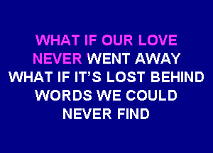 WHAT IF OUR LOVE
NEVER WENT AWAY
WHAT IF ITS LOST BEHIND
WORDS WE COULD
NEVER FIND