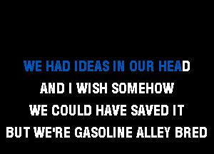 WE HAD IDEAS IN OUR HEAD
AND I WISH SOMEHOW
WE COULD HAVE SAVED IT
BUT WE'RE GASOLINE ALLEY BRED