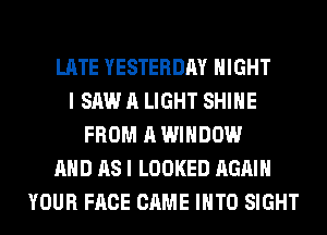 LATE YESTERDAY NIGHT
I SAW A LIGHT SHINE
FROM A WINDOW
AND AS I LOOKED AGAIN
YOUR FACE CAME INTO SIGHT