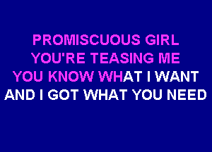 PROMISCUOUS GIRL
YOU'RE TEASING ME
YOU KNOW WHAT I WANT
AND I GOT WHAT YOU NEED