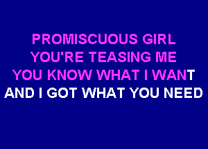 PROMISCUOUS GIRL
YOU'RE TEASING ME
YOU KNOW WHAT I WANT
AND I GOT WHAT YOU NEED