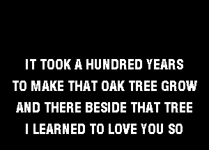 IT TOOK A HUNDRED YEARS
TO MAKE THAT OAK TREE GROW
AND THERE BESIDE THAT TREE

I LERRHED TO LOVE YOU SO