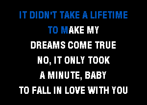 IT DIDN'T TAKE A LIFETIME
TO MAKE MY
DREAMS COME TRUE
H0, IT ONLY TOOK
A MINUTE, BABY
T0 FALL IN LOVE WITH YOU