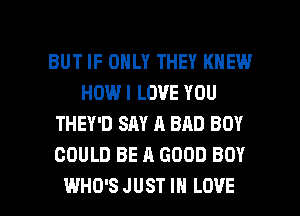 BUT IF ONLY THEY KNEW
HOW I LOVE YOU
THEY'D SAY A BAD BOY
COULD BE A GOOD BOY

WHO'S JUST IN LOVE l