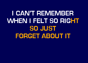 I CAN'T REMEMBER
WHEN I FELT SO RIGHT
SO JUST
FORGET ABOUT IT