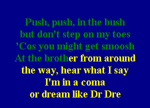Push, push, in the bush
but don't step on my toes
'Cos you might get smoosh
At the brother from around
the way, hear What I say
I'm in a coma
or dream like Dr Dre