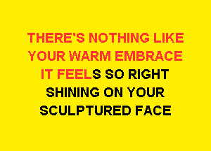 THERE'S NOTHING LIKE
YOUR WARM EMBRACE
IT FEELS SO RIGHT
SHINING ON YOUR
SCULPTURED FACE