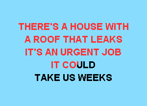 THERE'S A HOUSE WITH
A ROOF THAT LEAKS
IT'S AN URGENT JOB

IT COULD
TAKE US WEEKS