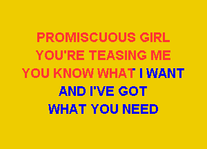 PROMISCUOUS GIRL
YOU'RE TEASING ME
YOU KNOW WHAT I WANT
AND I'VE GOT
WHAT YOU NEED