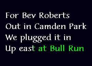 For Bev Roberts
Out in Camden Park
We plugged it in
Up east at Bull Run