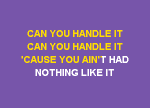 CAN YOU HANDLE IT
CAN YOU HANDLE IT

'CAUSE YOU AIN'T HAD
NOTHING LIKE IT