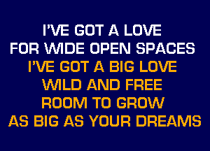 I'VE GOT A LOVE
FOR WIDE OPEN SPACES
I'VE GOT A BIG LOVE
WILD AND FREE
ROOM TO GROW
AS BIG AS YOUR DREAMS