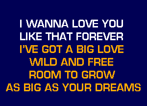 I WANNA LOVE YOU
LIKE THAT FOREVER
I'VE GOT A BIG LOVE
WILD AND FREE
ROOM TO GROW
AS BIG AS YOUR DREAMS