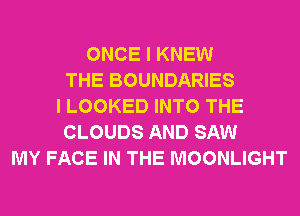 ONCE I KNEW
THE BOUNDARIES
I LOOKED INTO THE
CLOUDS AND SAW
MY FACE IN THE MOONLIGHT