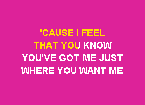 'CAUSE I FEEL
THAT YOU KNOW

YOU'VE GOT ME JUST
WHERE YOU WANT ME