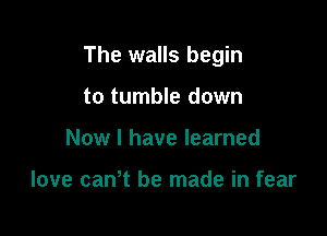 The walls begin

to tumble down
Now I have learned

love can't be made in fear
