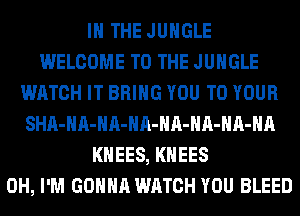 IN THE JUNGLE
WELCOME TO THE JUNGLE
WATCH IT BRING YOU TO YOUR
SHA-HA-HA-HA-HA-HA-HA-HA
KHEES, KHEES
0H, I'M GONNA WATCH YOU BLEED