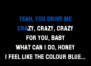 YEAH, YOU DRIVE ME
CRAZY, CRAZY, CRAZY
FOR YOU, BABY
WHAT CAN I DO, HONEY
I FEEL LIKE THE COLOUR BLUE...