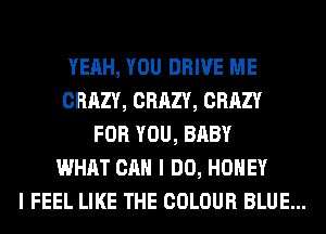 YEAH, YOU DRIVE ME
CRAZY, CRAZY, CRAZY
FOR YOU, BABY
WHAT CAN I DO, HONEY
I FEEL LIKE THE COLOUR BLUE...