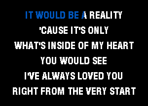 IT WOULD BE A REALITY
'CAU SE IT'S ONLY
WHAT'S INSIDE OF MY HEART
YOU WOULD SEE
I'VE ALWAYS LOVED YOU
RIGHT FROM THE VERY START