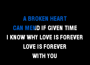 A BROKEN HEART
CAN MEHD IF GIVEN TIME
I KNOW WHY LOVE IS FOREVER
LOVE IS FOREVER
WITH YOU