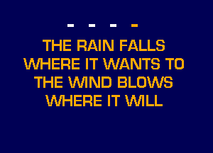 THE RAIN FALLS
WHERE IT WANTS TO
THE WND BLOWS
WHERE IT WLL