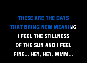 THESE ARE THE DAYS
THAT BRING HEW MEANING
I FEEL THE STILLHESS
OF THE SUN AND I FEEL
FINE... HEY, HEY, MMM...