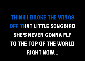 THINK I BROKE THE WINGS
OFF THAT LITTLE SOHGBIRD
SHE'S NEVER GONNA FLY
TO THE TOP OF THE WORLD
RIGHT'HOW...