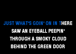 JUST WHAT'S GOIH' ON IN THERE
SAW AH EYEBALL PEEPIH'
THROUGH A SMOKY CLOUD
BEHIND THE GREEN DOOR