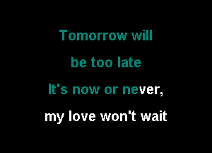 Tomorrow will

be too late

It's now or never,

my love won't wait
