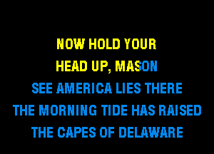 HOW HOLD YOUR
HEAD UP, MASON
SEE AMERICA LIES THERE
THE MORNING TIDE HAS RAISED
THE CAPES OF DELAWARE