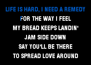 LIFE IS HARD, I NEED A REMEDY
FOR THE WAY I FEEL
MY BREAD KEEPS LANDIH'
JAM SIDE DOWN
SAY YOU'LL BE THERE
TO SPREAD LOVE AROUND