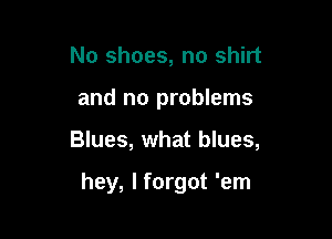 No shoes, no shirt

and no problems

Blues, what blues,

hey, I forgot 'em