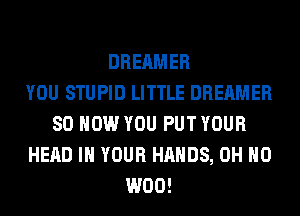 DREAMER
YOU STUPID LITTLE DREAMER
80 HOW YOU PUT YOUR
HEAD IN YOUR HANDS, OH HO
W00!