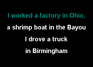 I worked a factory in Ohio,
a shrimp boat in the Bayou

I drove a truck

in Birmingham