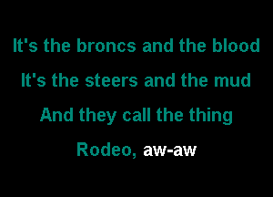 It's the broncs and the blood

It's the steers and the mud

And they call the thing

Rodeo, aw-aw