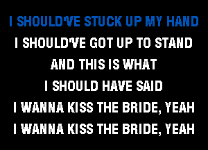 I SHOULD'UE STUCK UP MY HAND
I SHOULD'UE GOT UP TO STAND
MID THIS IS WHAT
I SHOULD HAVE SAID
I WANNA KISS THE BRIDE, YEAH
I WANNA KISS THE BRIDE, YEAH