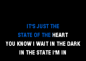 IT'S JUST THE
STATE OF THE HEART
YOU KNOW I WAIT IN THE DARK
IN THE STATE I'M IN