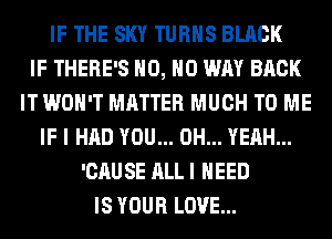 IF THE SKY TURNS BLACK
IF THERE'S H0, NO WAY BACK
IT WON'T MATTER MUCH TO ME
IF I HAD YOU... OH... YEAH...
'CAUSE ALL I NEED
IS YOUR LOVE...