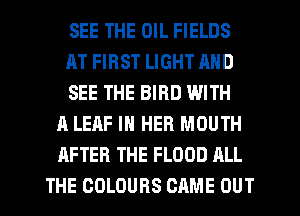 SEE THE OIL FIELDS
AT FIRST LIGHT AND
SEE THE BIRD WITH
A LEAF IN HER MOUTH
AFTER THE FLOOD ALL
THE COLOURS CAME OUT